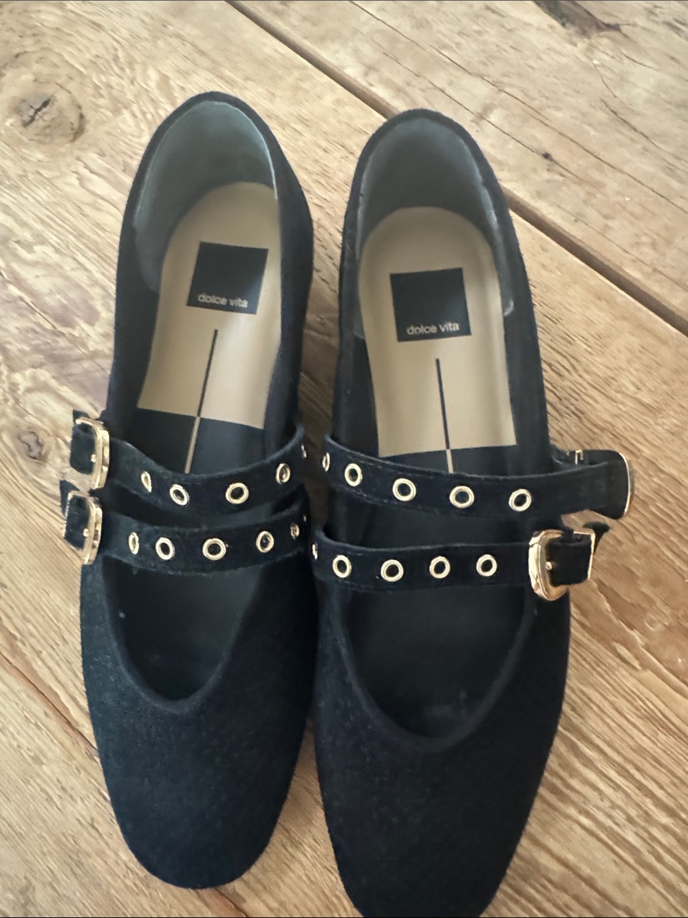 Dolce Vita Black Double-Strap Mary Jane Flats with Gold Buckles - Picture 2 of 6